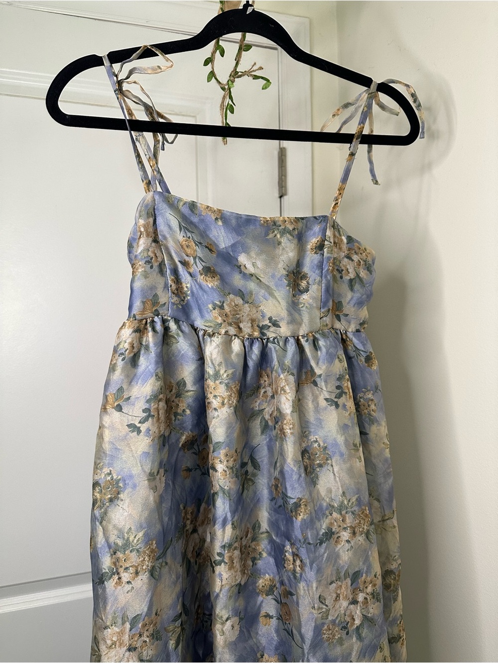 Women’s S | Blue Floral Sheer Organza Tie Shoulder Babydoll Midi Dress